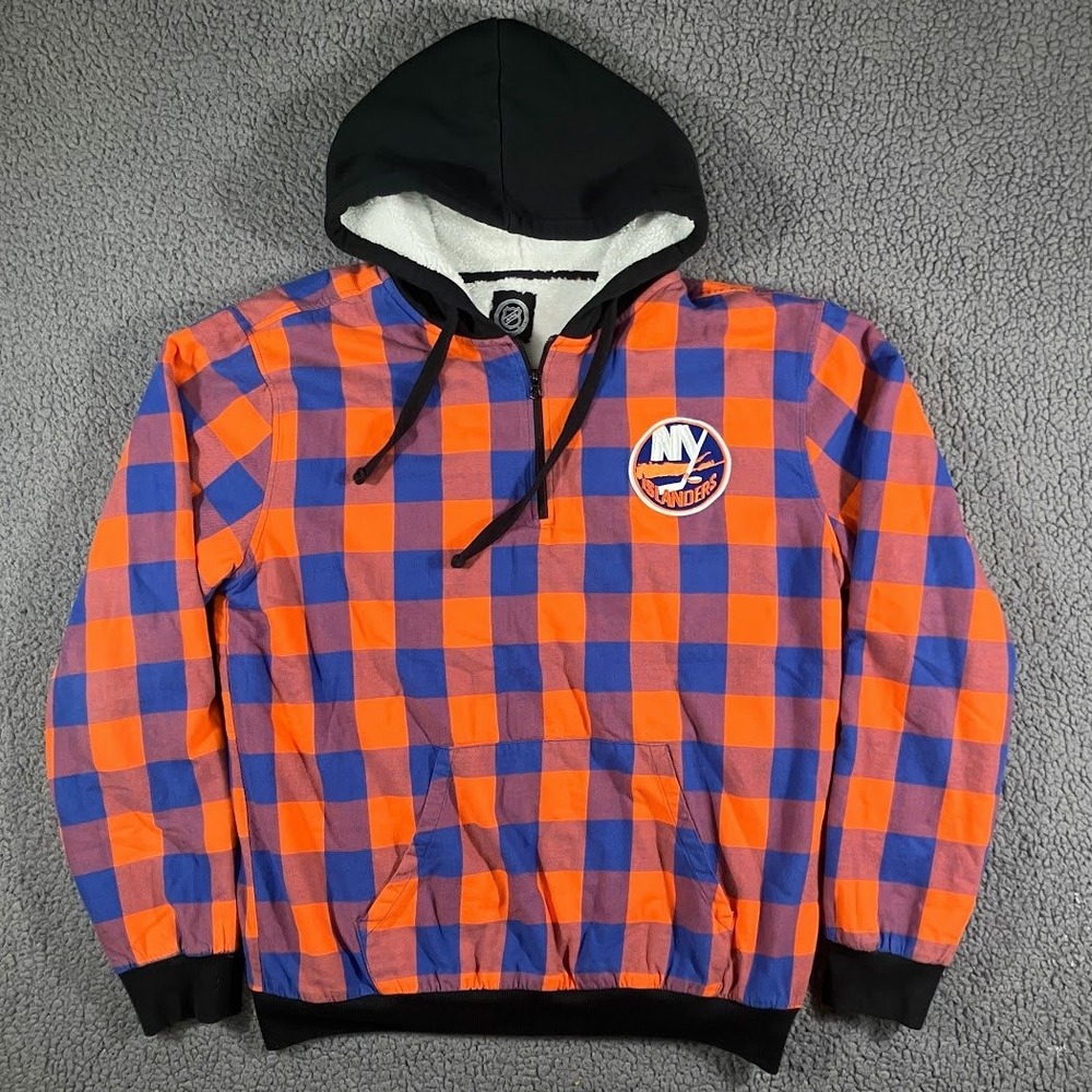 NHL New York Islanders Hoodie Mens Large Blue Orange Buffalo Plaid Sherpa Zip